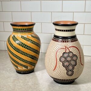Mosaic Vase Set with Green and Cream Accents